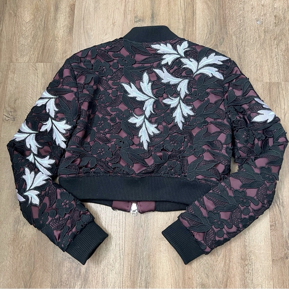 Self-Portrait Black Bomber Jacket with White Floral Embroidery and Burgundy Trim - Picture 10 of 12